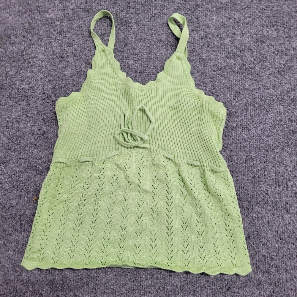 Love Knits NYC Tank Womens Size M Green Pointelle Scallop Trim Cami Bow Detail